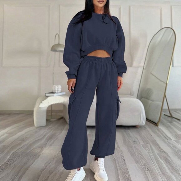 Women Tracksuit Set Trousers Sweatshirt Size M Blue Jogger Pullover Cargo Pants - Picture 1 of 17